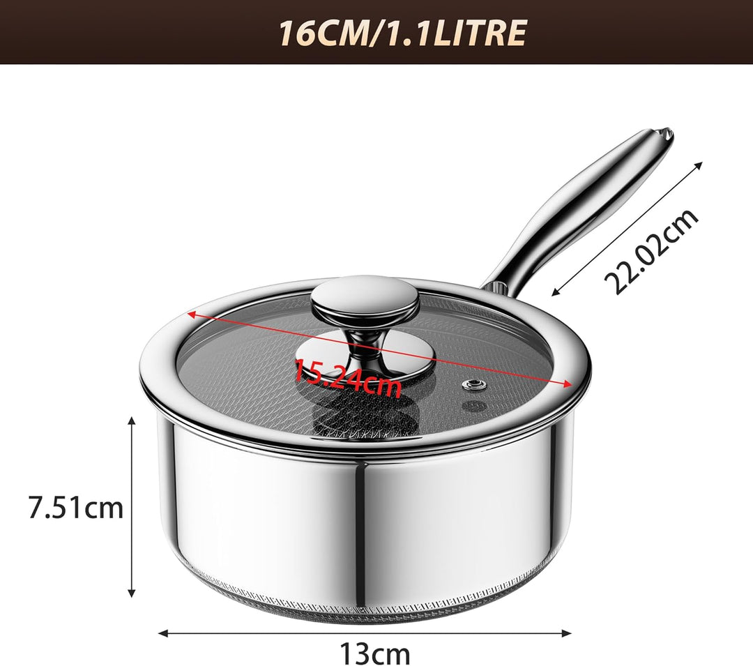 Kochtopf mit Deckel Hybrid 16cm/1.1L, Stielkasserolle Induktion Antihaft, Kühl bleibender Griff, Spü