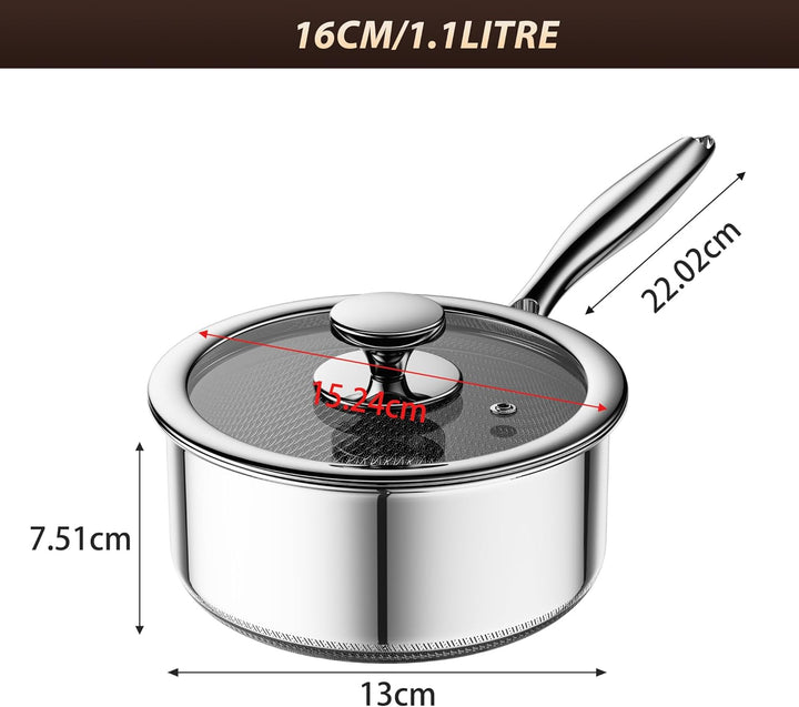 Kochtopf mit Deckel Hybrid 16cm/1.1L, Stielkasserolle Induktion Antihaft, Kühl bleibender Griff, Spü