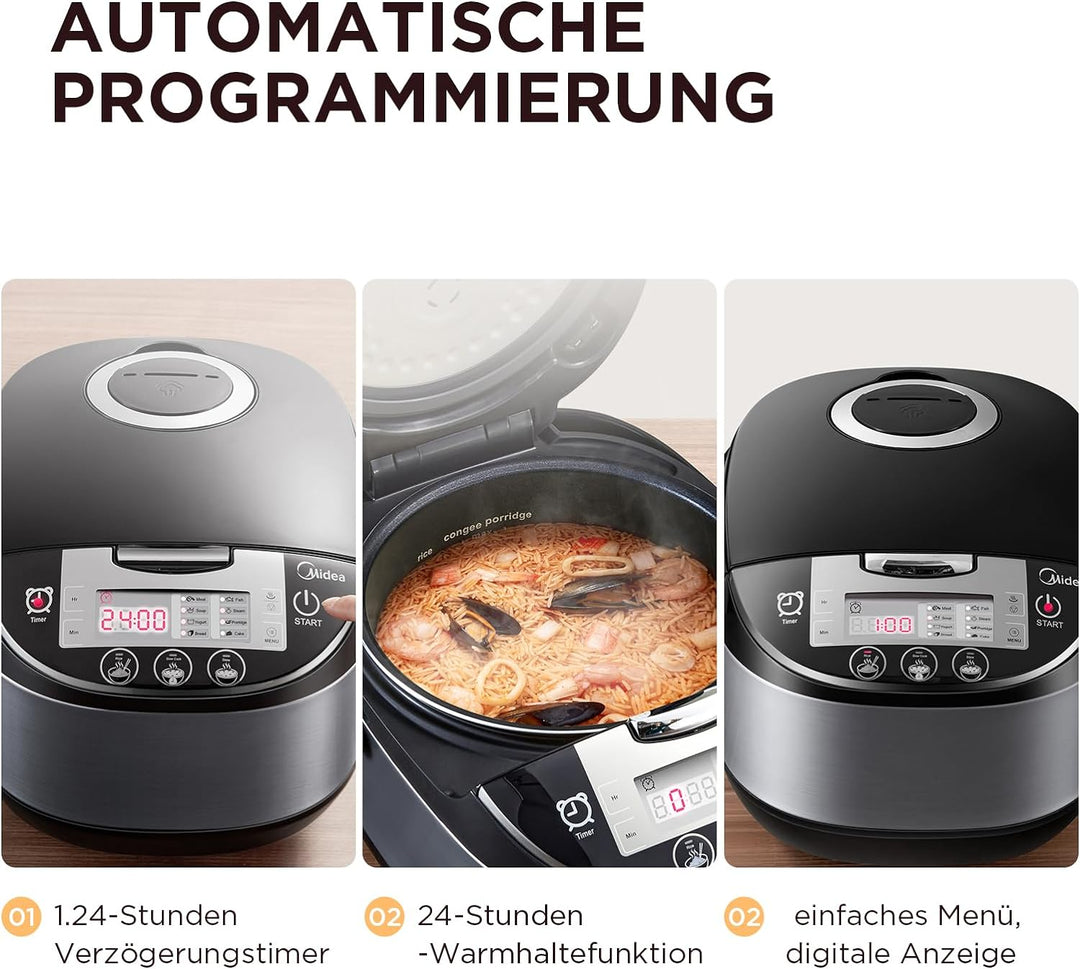 Midea Multifunktionaler Reiskocher mit Dampfgarer (10 Tassen, 1,8 Liter) 11 Multikocher-Funktionen,
