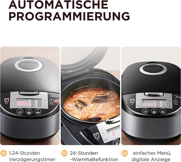 Midea Multifunktionaler Reiskocher mit Dampfgarer (10 Tassen, 1,8 Liter) 11 Multikocher-Funktionen,