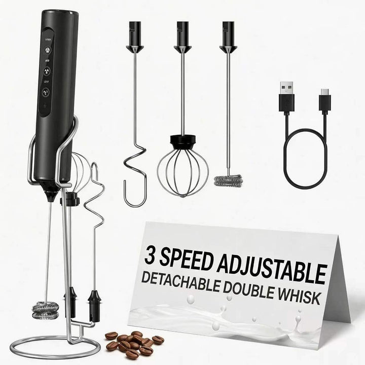 Wiederaufladbarer Hand-Milchaufschäumer mit Ständer, 3 variable Geschwindigkeiten, 3 Quirlaufsätze,