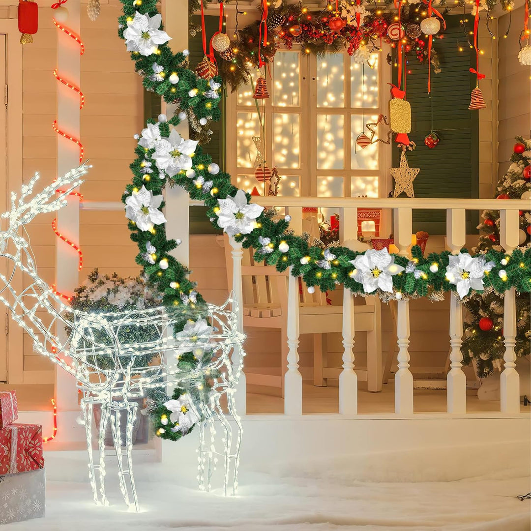 Weihnachtsgirlande mit Beleuchtung, Tannengirlande 270cm Weihnachtstürdekor Künstlich, mit Blumen un
