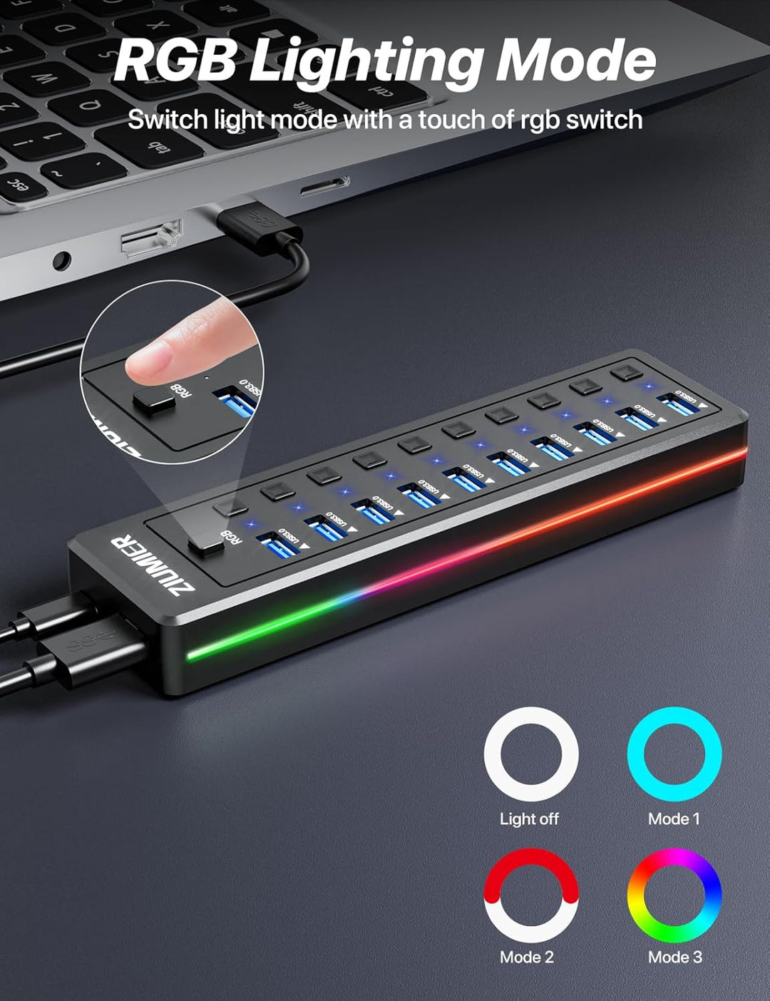 Powered USB Hub, 10-Port USB 3.0 Hub mit RGB LED Strip -5Gbps Datenübertragung, individuelle LED On/
