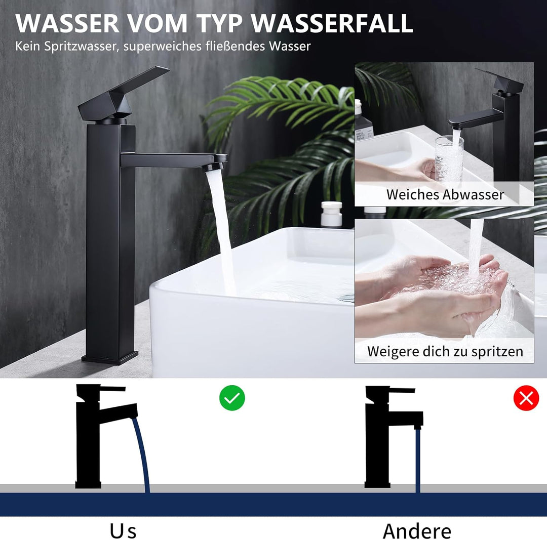 HOMELODY Wasserhahn Bad Schwarz Hoch, Waschtischarmatur Hoch Mischbatterie Waschbecken mit Höhe 295m