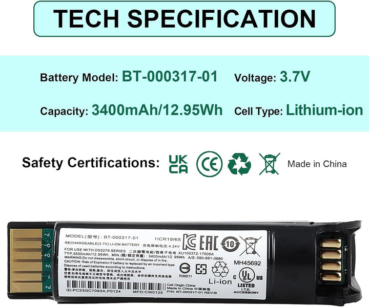 3400mAh Akku Kompatibel mit Zebra DS22, DS2208, DS2278, DS2278SR, CR2278, CR2278-PC Scanner, BT-0003
