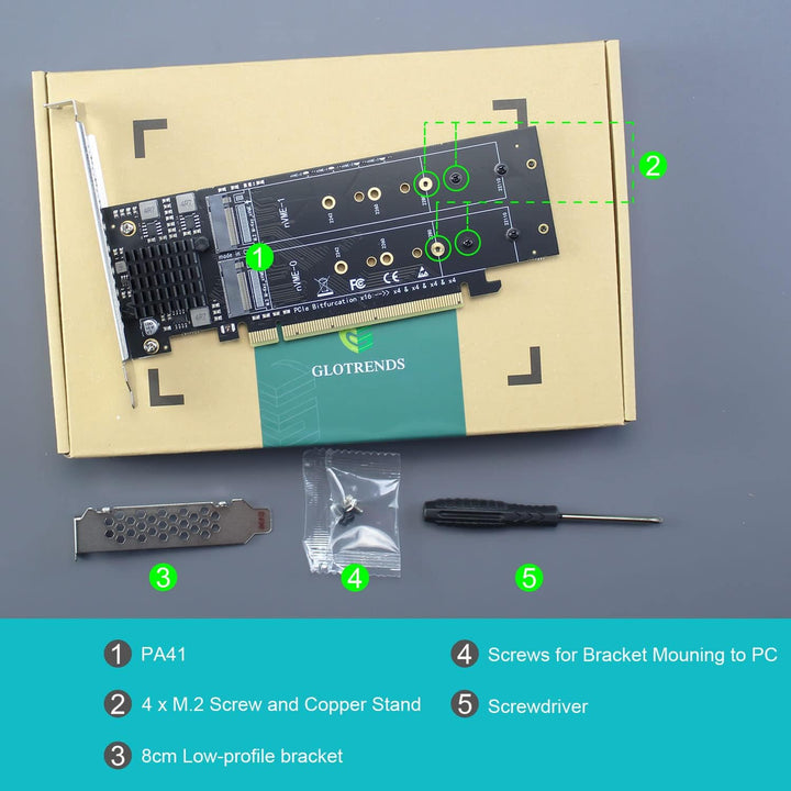 GLOTRENDS Quad NVMe PCIe 4.0/3.0 X16 Adapter, unterstützt 4 x M.2 NVMe SSD RAID-on-CPU (VROC) in Int