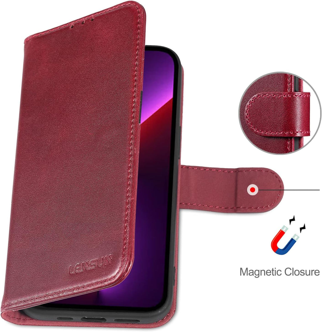 LENSUN Echtleder Hülle für iPhone 13 Pro, Handyhülle [Echtes Leder][Magnetverschluss][RFID Blocker]