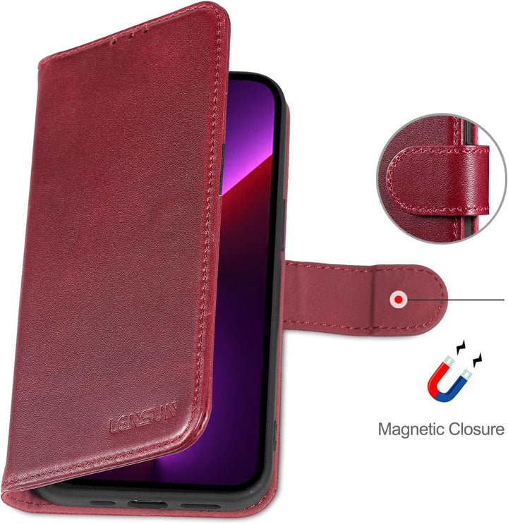 LENSUN Echtleder Hülle für iPhone 13 Pro, Handyhülle [Echtes Leder][Magnetverschluss][RFID Blocker]