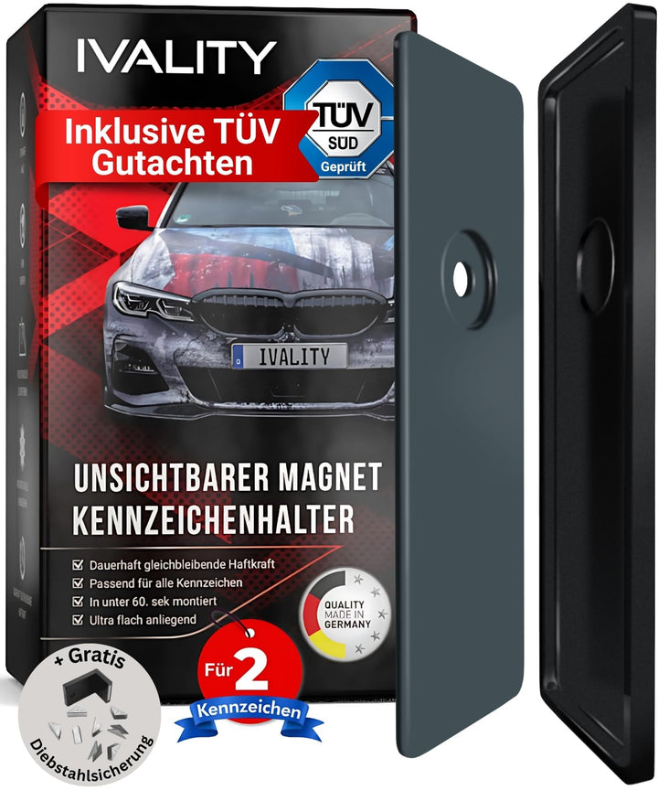 IVALITY Magnetischer Kennzeichen-Halter - Rahmenlose Nummernschild-Halterung für 2X Alu-Kennzeichen