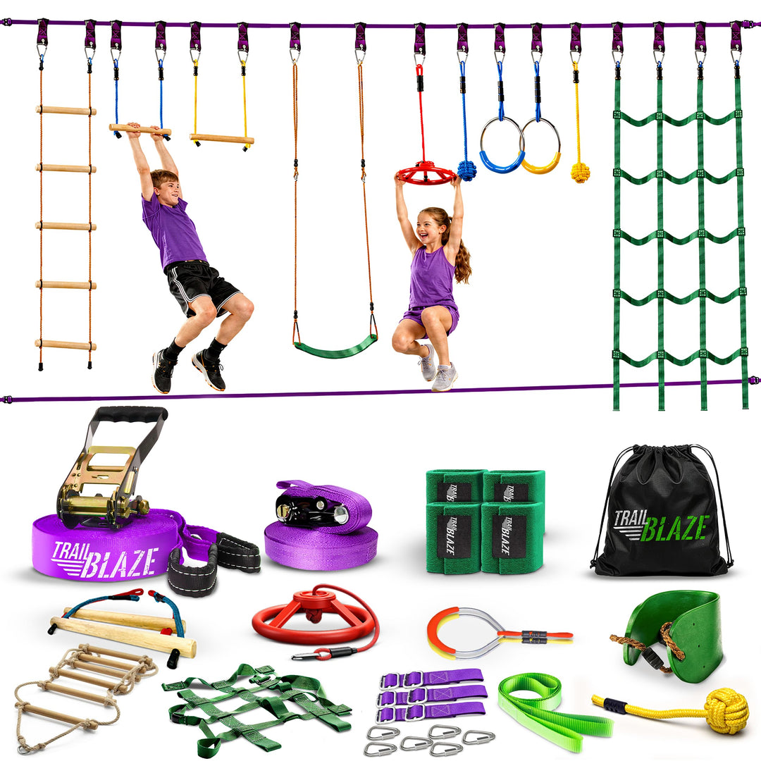 Ninja Warrior Obstacle Course for Kids Workout Equipment, 2 x 55ft Slacklines with 10 Weatherproof &amp;