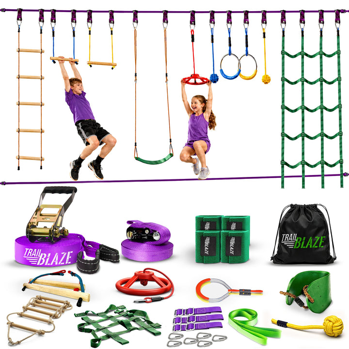 Ninja Warrior Obstacle Course for Kids Workout Equipment, 2 x 55ft Slacklines with 10 Weatherproof &amp;