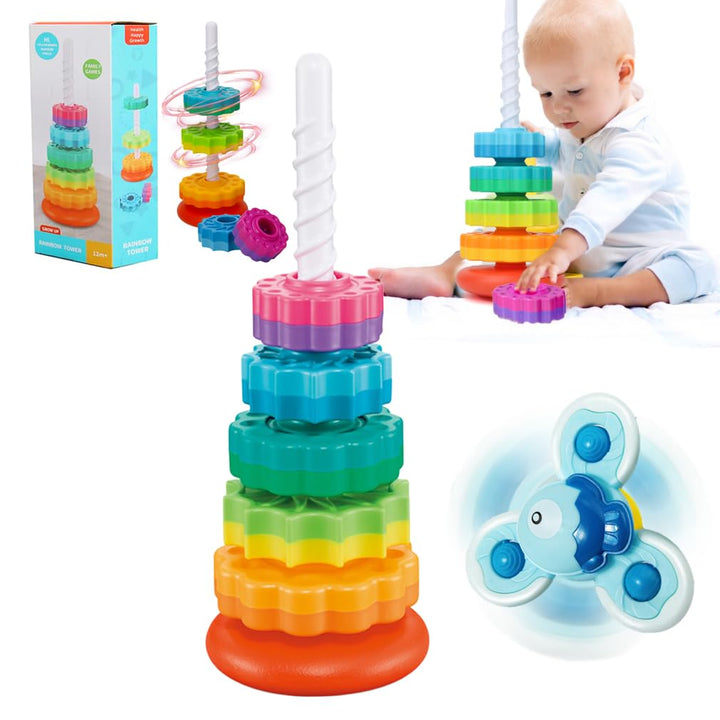 Stapelturm mit Saugnapf Spielzeug Baby, Kinder Stapelringe Bunt Motorik Kreative Pyramide Turm 5 Sch