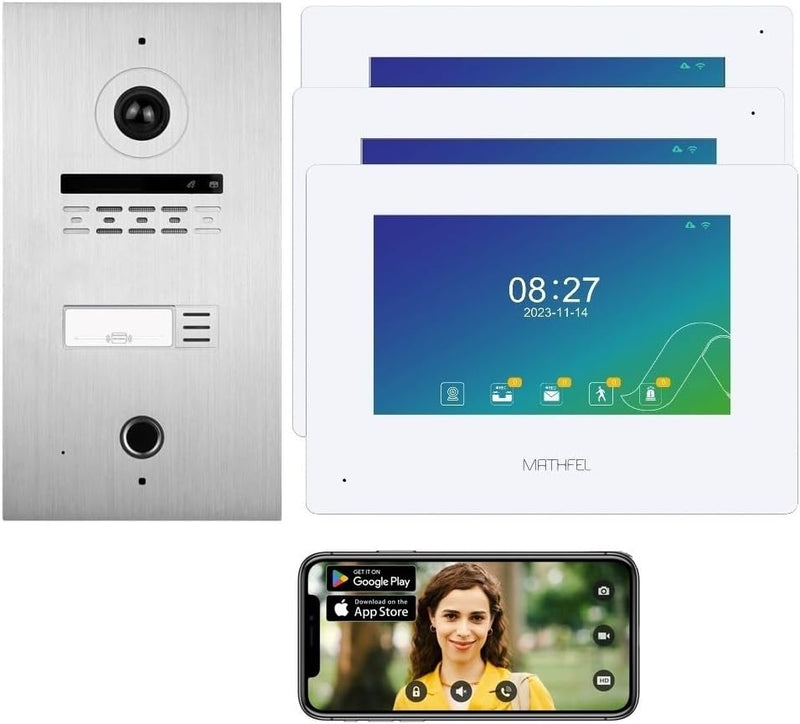 MATHFEL 1 Familienhaus 2 Draht Bus WLAN Video-Türsprechanlage, 3x10 Zoll Monitor mit Full HD 2 Megap