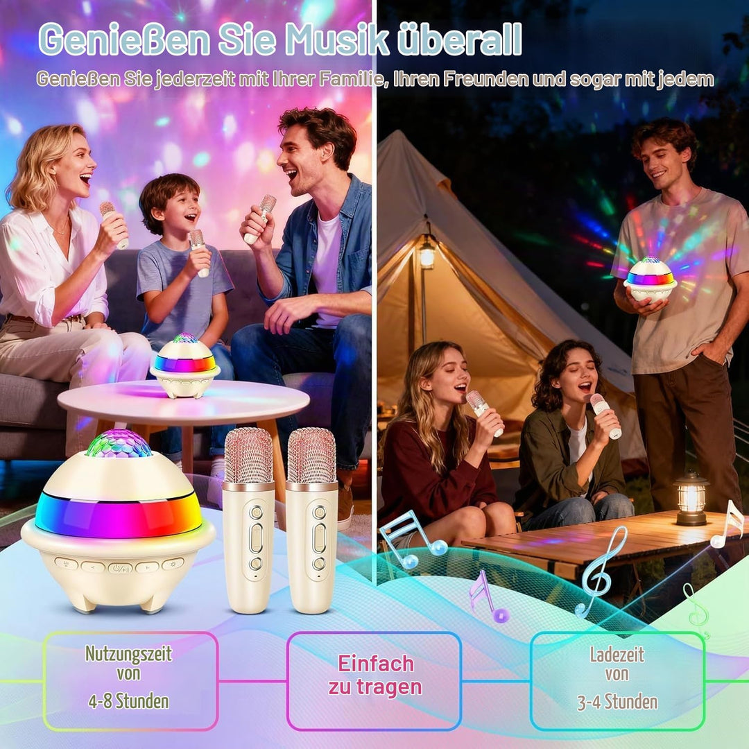 JONRRYIN Karaoke Anlage mit 2 Mikrofonen, Tragbare Bluetooth Karaoke Maschine Kinder mit Disco Licht