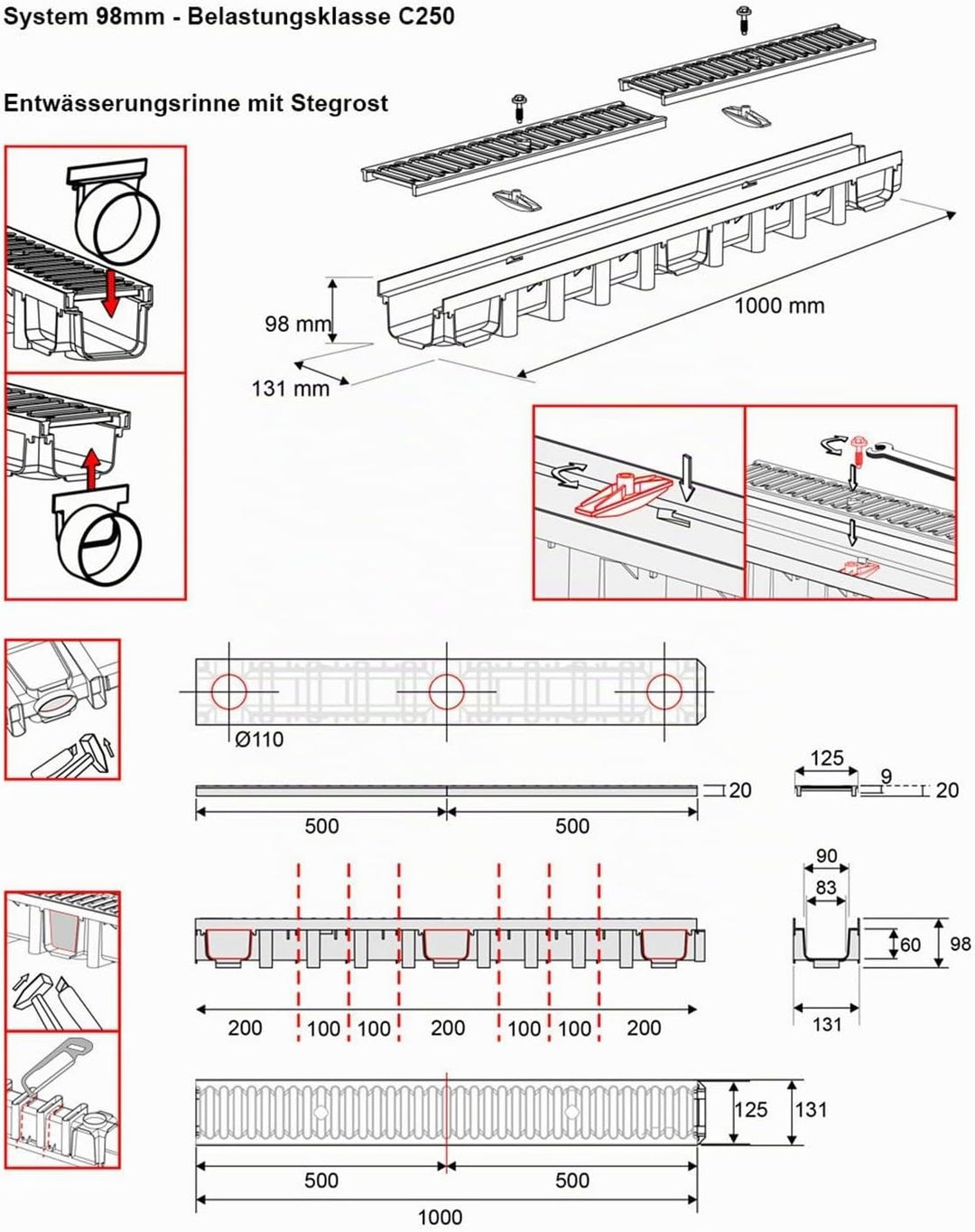 4m Entwässerungsrinne Belastungsklasse C250, 98mm Gussrost komplett SET