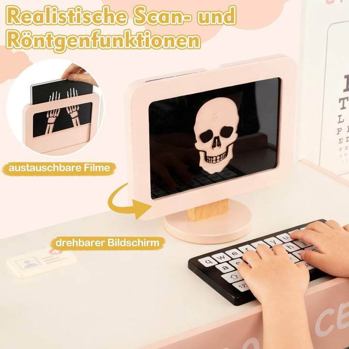 DREAMADE Arztspielset für Kinder, Krankenhaus aus Holz mit Sehtest, CT-Spielgerät & Röntgenapparat,