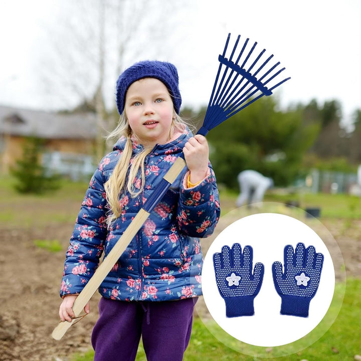 Kinder-Laubrechen 27 cm Abnehmbarer Holzstiel mit Handschuhen | Laubrechen für Gartenarbeit Camping