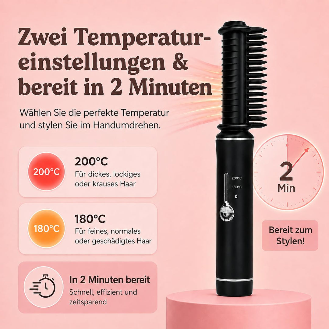 Mini Haarglätter Kabellos | Reiseglätteisen | Stylingbürste mit Keramikbeschichtung | 2 Wärmestufen