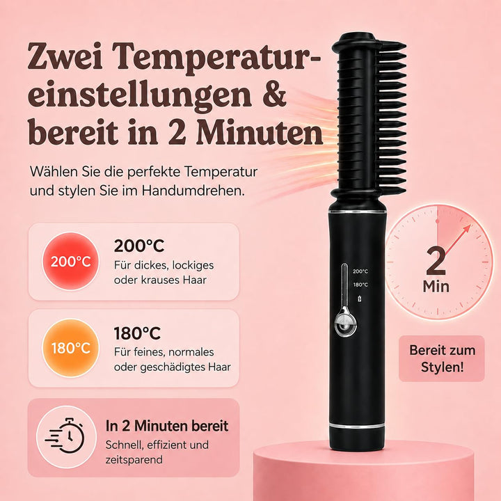 Mini Haarglätter Kabellos | Reiseglätteisen | Stylingbürste mit Keramikbeschichtung | 2 Wärmestufen