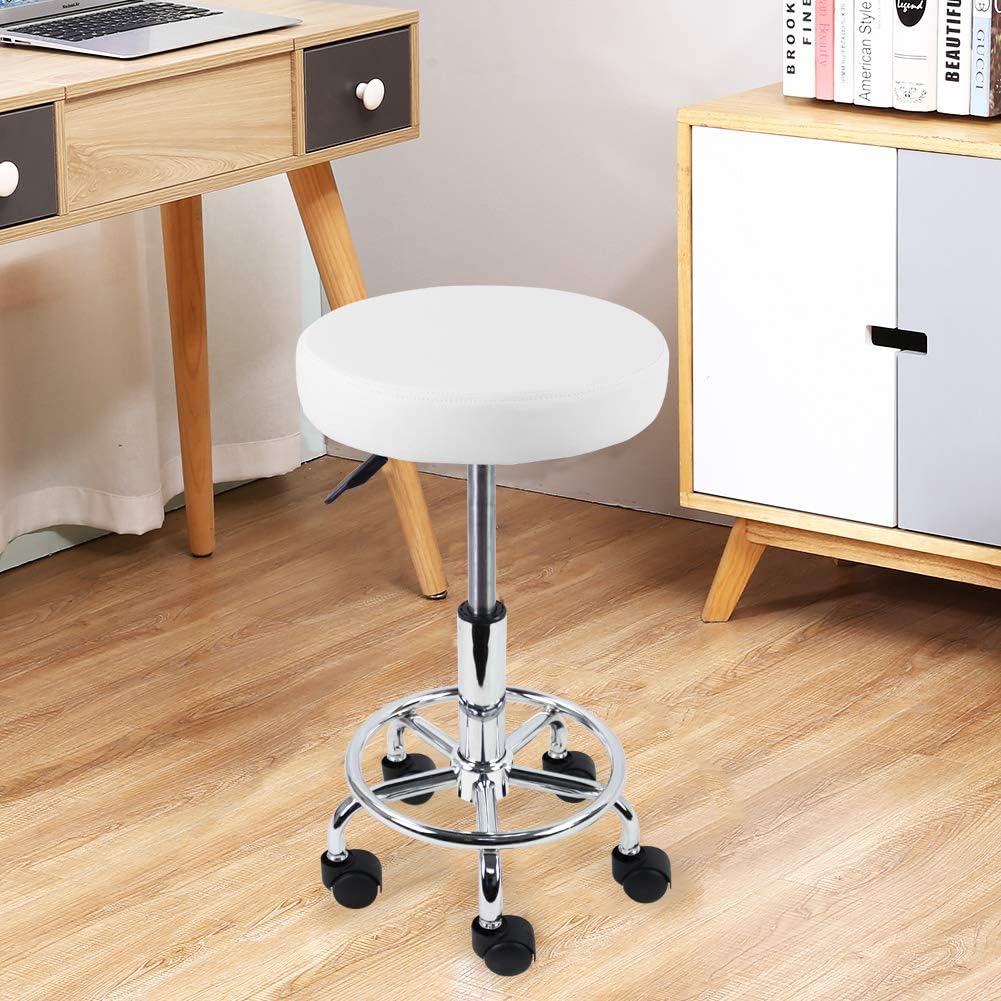 KKTONER Rollhocker Barhocker Bürohocker Arbeitshocker höhenverstellbar drehbar aus Kunstleder Weiss,