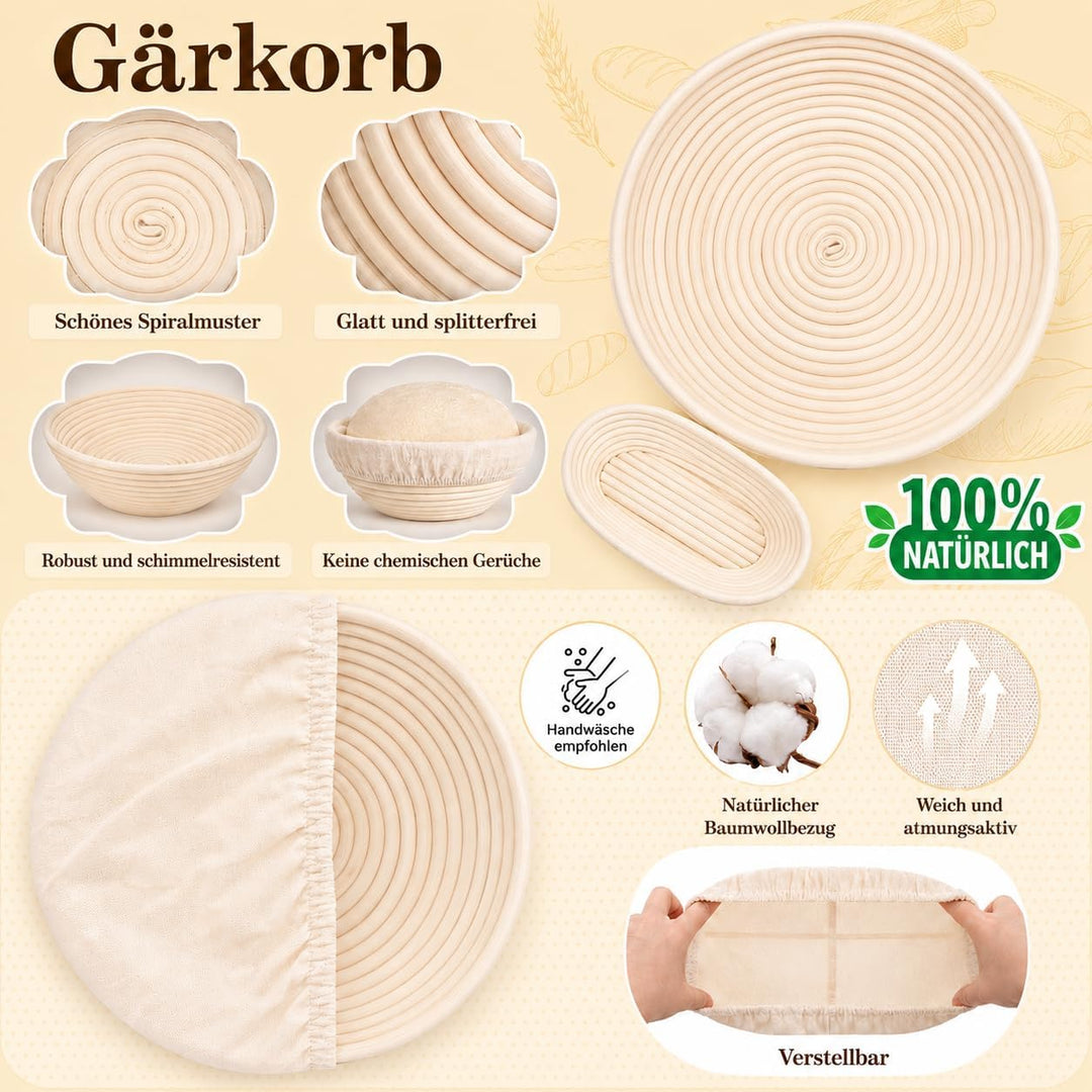 Brot Gärkorb Set, Gärkörbchen zum Brotbacken,2 Gärkorb (25cm Ovale & 23cm Runde), 700ML Sauerteig Gl
