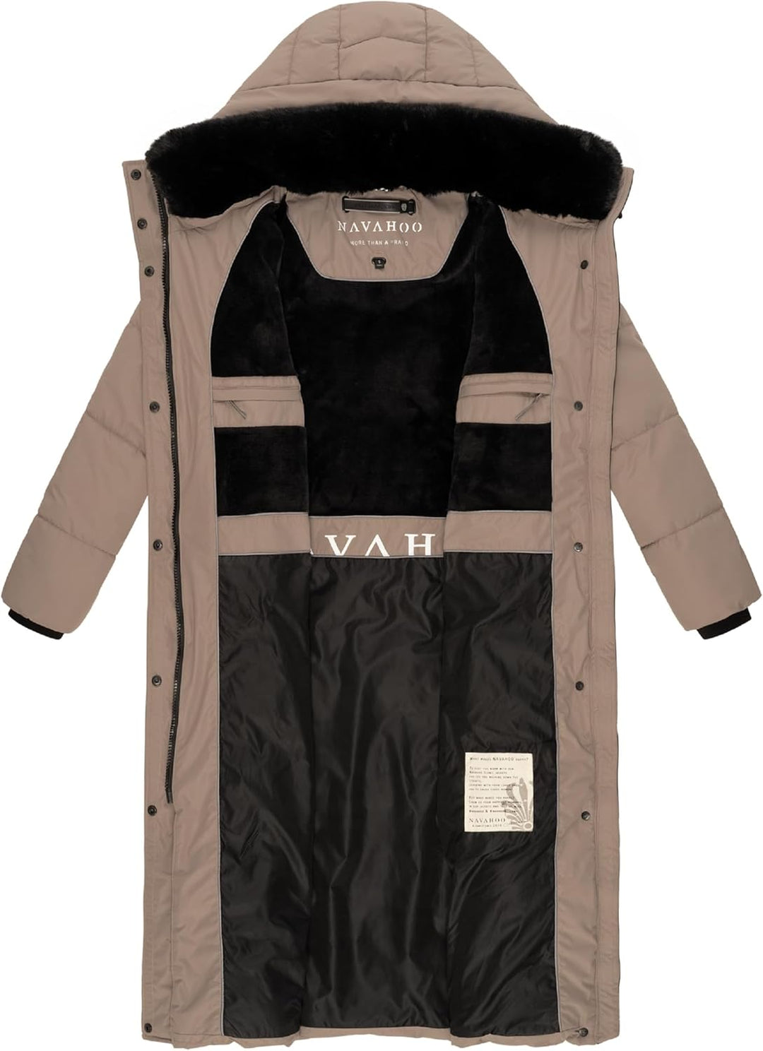 Navahoo Damen Wintermantel Steppmantel extralang mit abnehmbarer Kapuze Hingucker XIV XS-XXL L Taupe