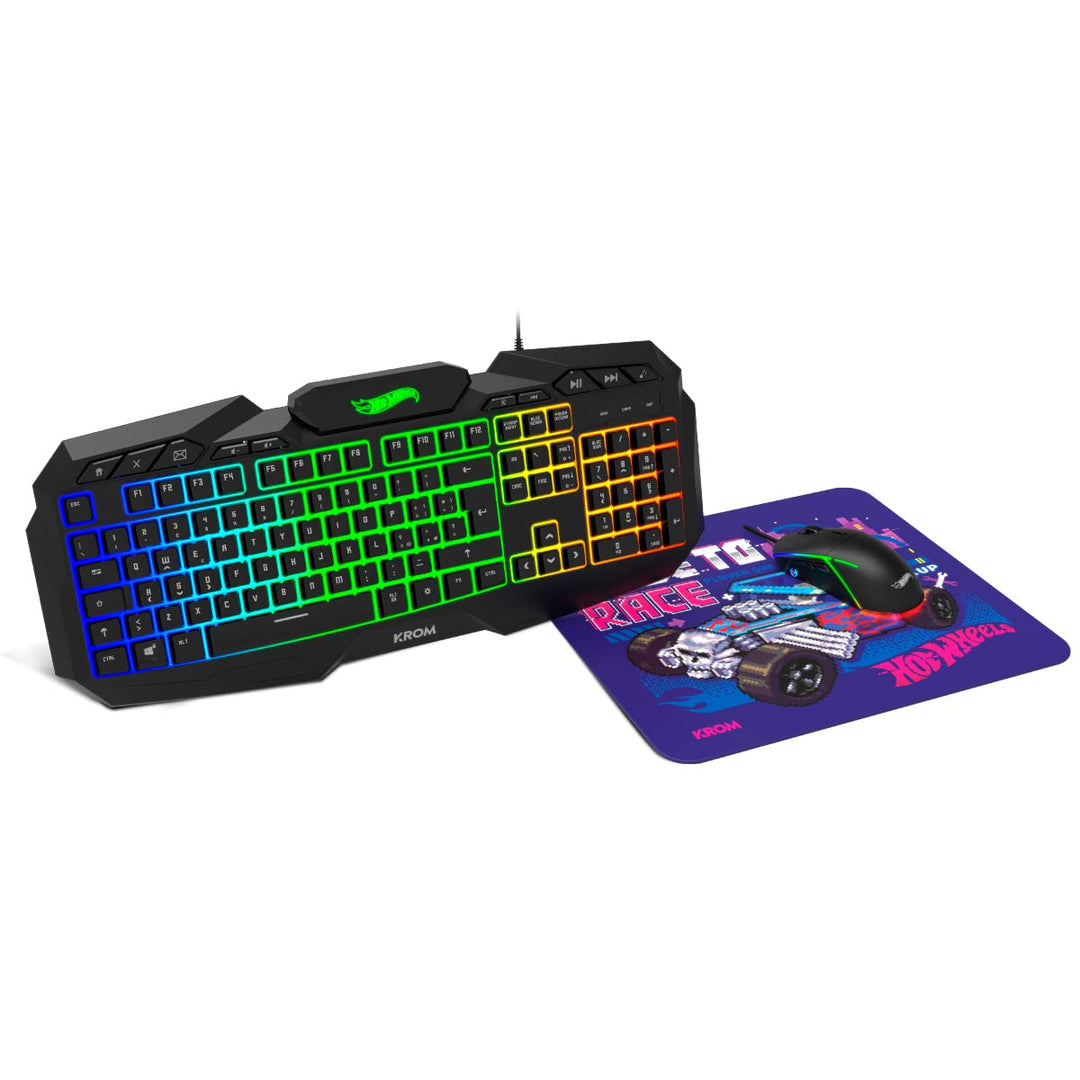 KROM Maus und -Mausunterlage Hot Wheels Edition Kustom - LED RGB Membrantastatur, Maus optischem Sen