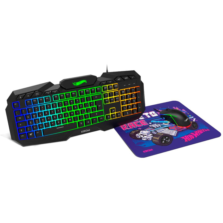 KROM Maus und -Mausunterlage Hot Wheels Edition Kustom - LED RGB Membrantastatur, Maus optischem Sen