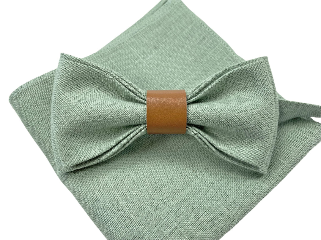 LINILI Leinen Accessoires SET: Fliege und Einstecktuch für Herren- Fliege mit Leder, bereits gebunde