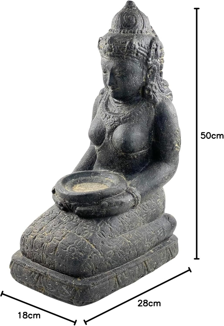 FaHome Dewi Sri Stein Statue Lavasand Schale ca. 50 cm Sitzend Garten Skulptur Guss Figur Buddha