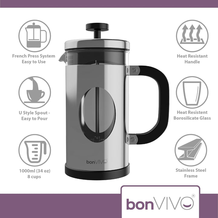 bonVIVO French Press 1L Silber – Kaffeebereiter gross aus Glas & Edelstahl – Kaffeepresse 8 Tassen –