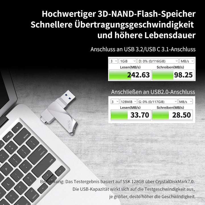 SSK 256GB USB C Flash Drive Dual Drive 2 in 1 OTG USB 3.2 + Type C Memory Stick Thumb Drive, Thunder