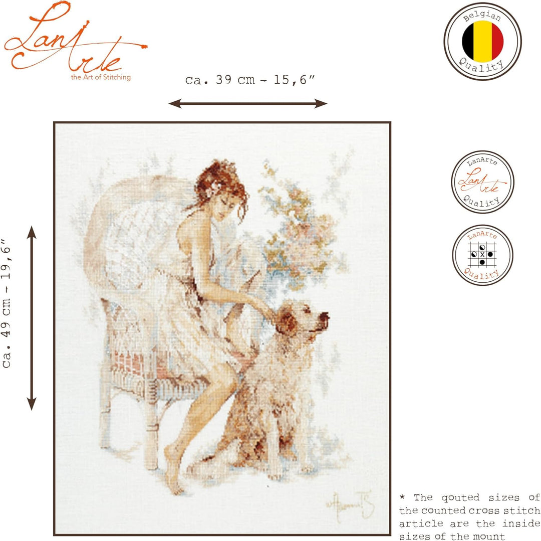 LANARTE PN Zählmusterpackung Mädchen mit Hund Kreuzstichpackung, Baumwolle, Mehrfarbig, 39 x 49 x 0.