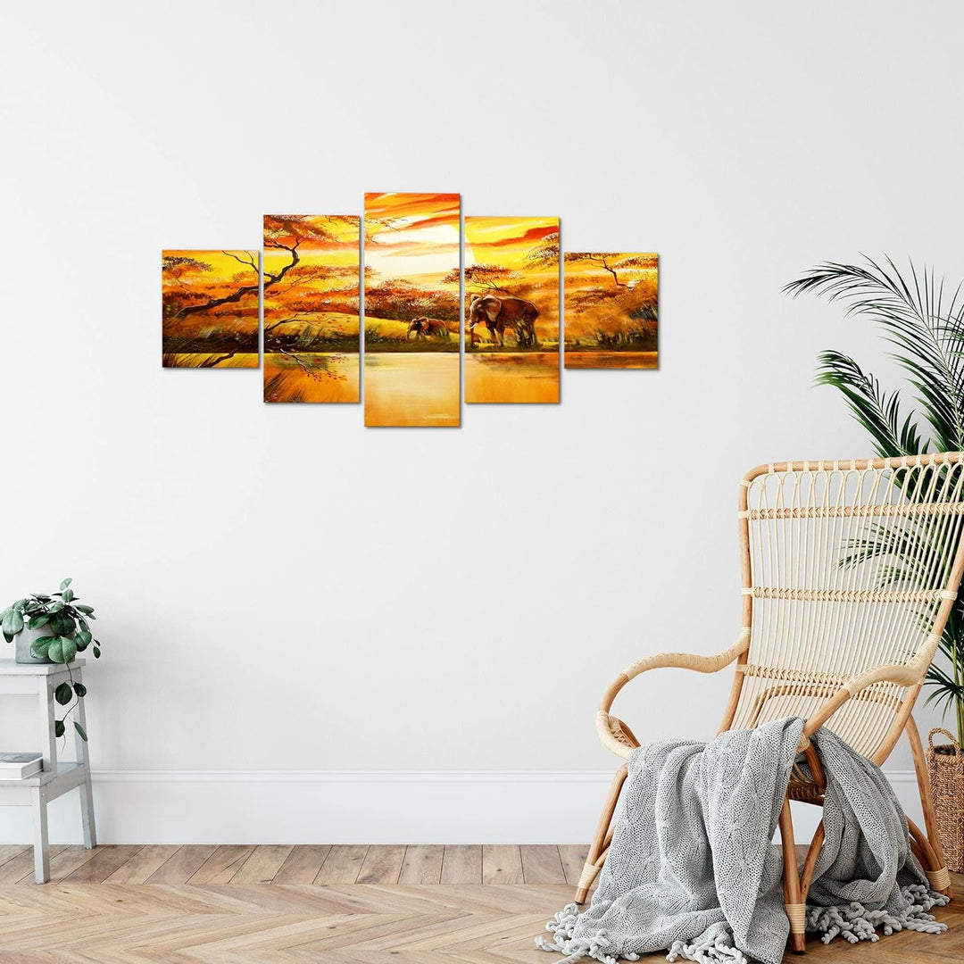 Runa Art Wandbilder Afrika Elefant 5 Teilig Bild auf Vlies Leinwand Deko Wohnzimmer Schlafzimmer Son