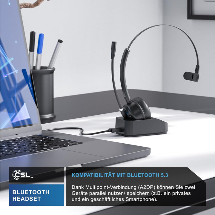 CSL - Bluetooth 5.3 Headset mit Ladestation - PC Headset mit flexiblem Mikrofon - Multipoint - kabel