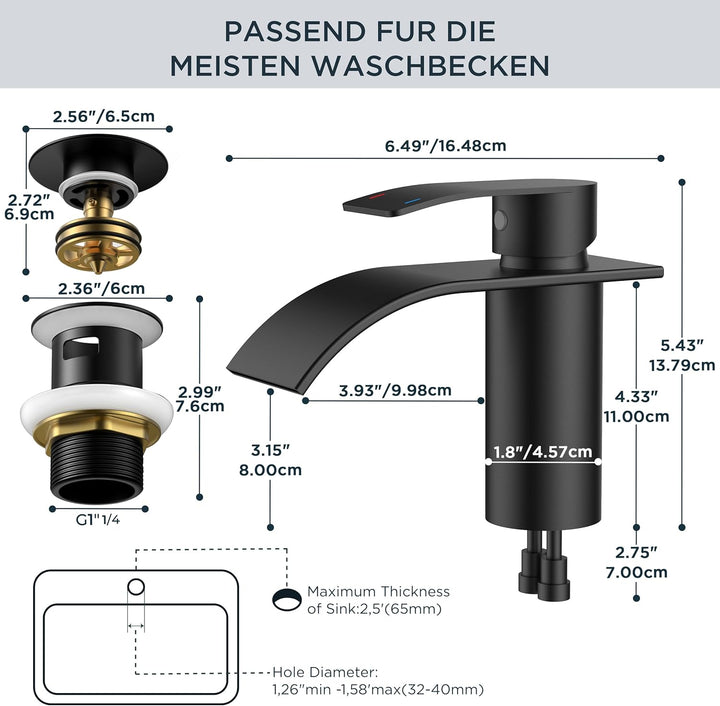 FORIOUS Wasserhahn Bad Schwarz mit Ablaufgarnitur, Edelstahl Wasserfall Waschbeckenarmatur mit Ausla