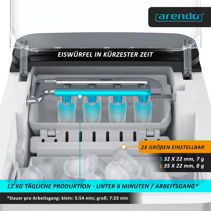 Arendo – Eiswürfelmaschine Edelstahl – Ice Cube Maker – 150 W – 12 kg Eis pro Tag – Automatische Abs