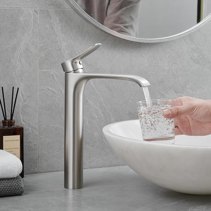 Bad Wasserhahn Wasserfall Badarmatur Hoch Waschtischarmatur Einhebel Mischbatterie, Silber (Gebürste