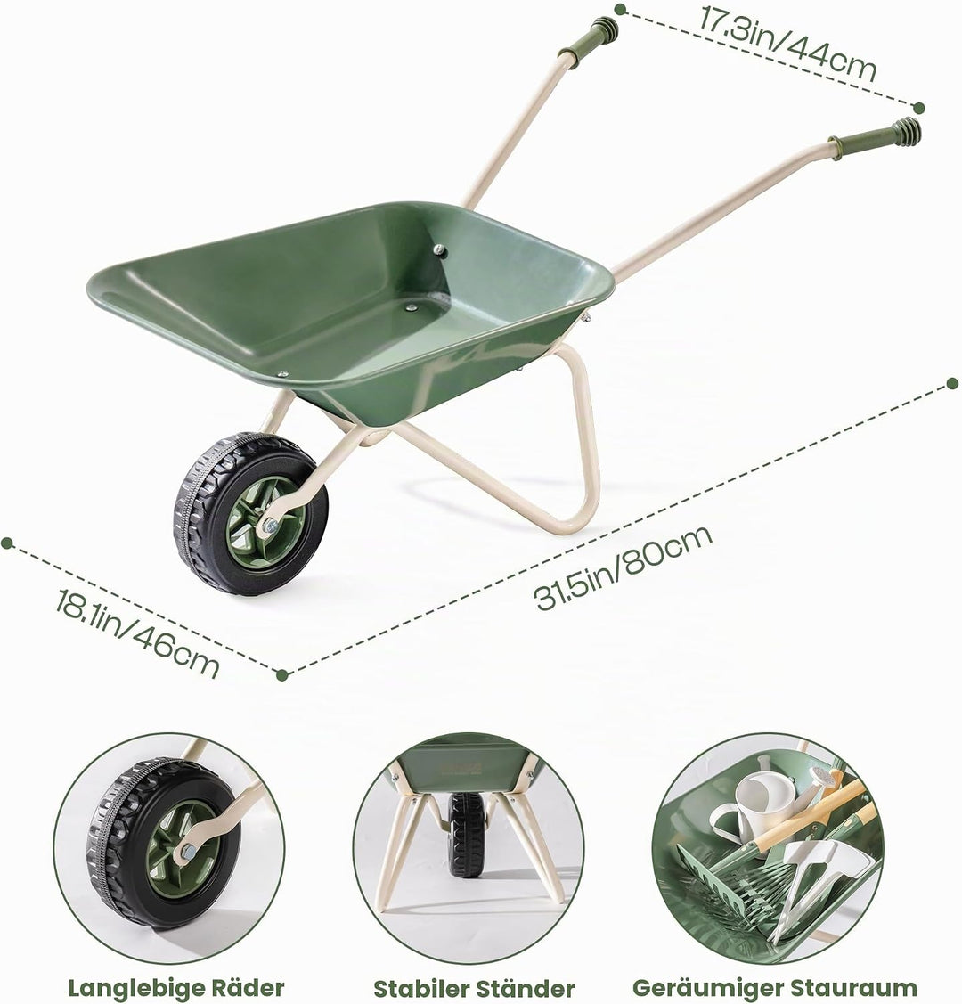 ROBUD Kinder Schubkarre Metall mit Kinder Gartenwerkzeug Set, Schubkarre mit Langer Schaufel, Hacke,