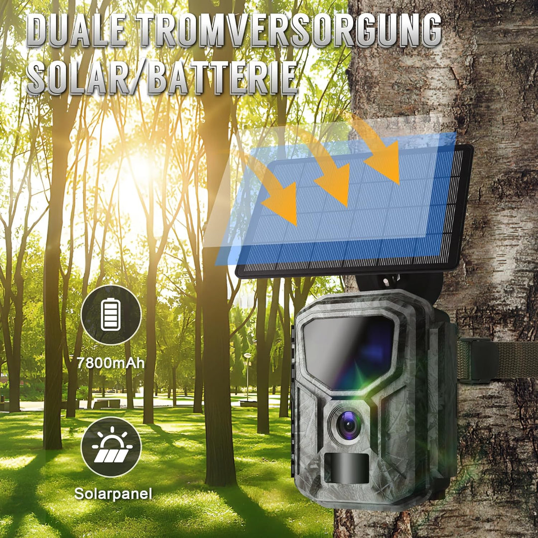 8K Solar-Wildkamera mit unbegrenzter kostenloser App, 7800mAh Akku, 850nm Nachtsicht, 0,1S Bewegungs