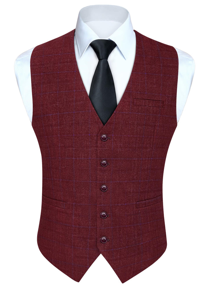 HISDERN Manner Formale Hochzeitsfeier Weste Baumwolle Plaid Kleid Anzug Weste für Herren Burgund 2 S