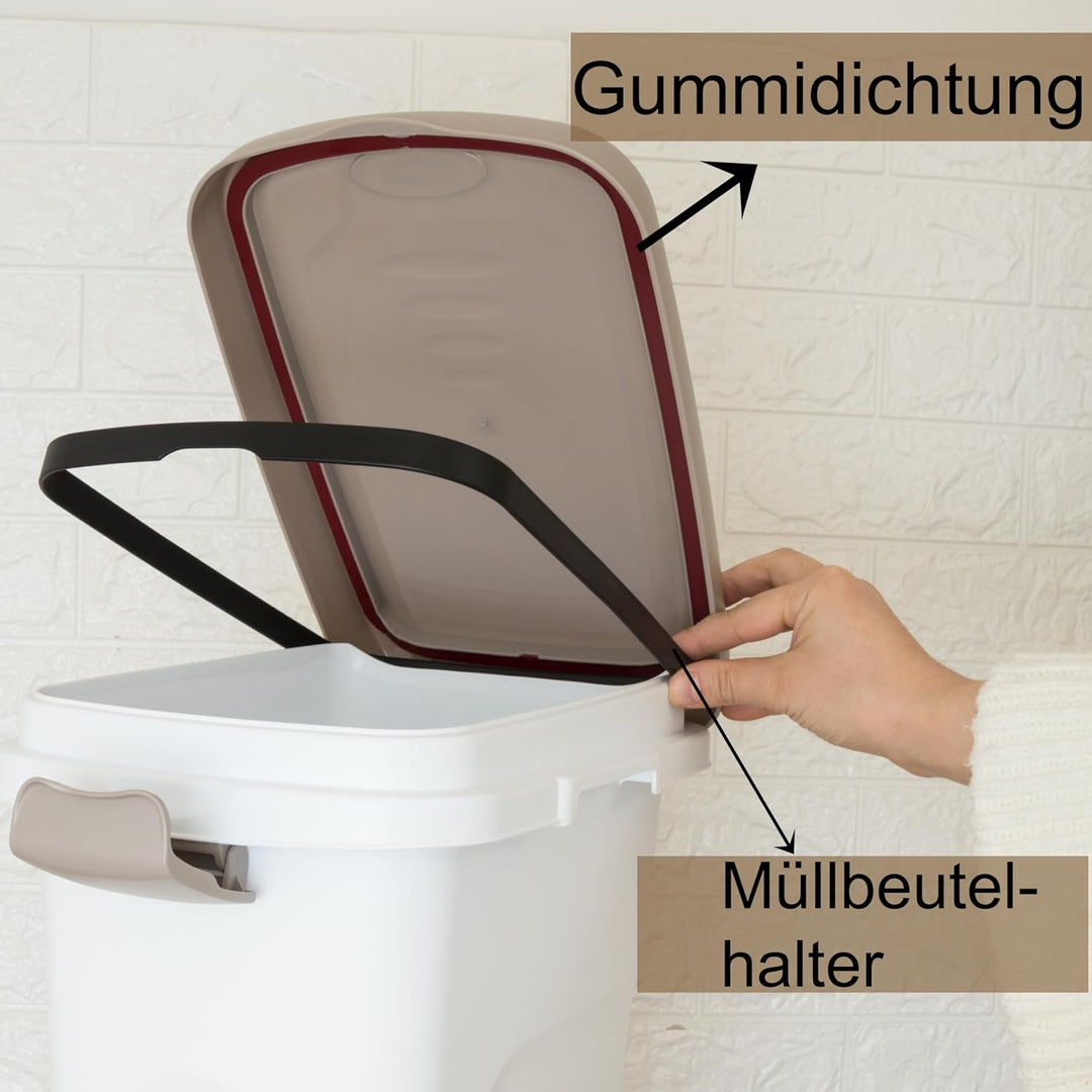 Hummelladen Abfalleimer 15 Liter Weiss-Taupe 33x22x41cm - mit Gummidichtung im Deckel verschliessbar