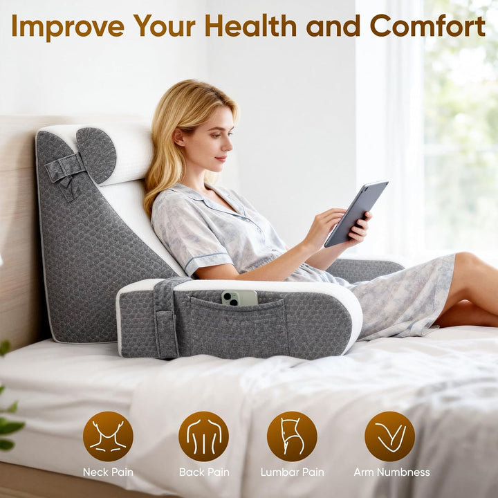 Ergonomisches Lesekissen für Bett und Sofa mit Abnehmbarer Nackenrolle & Armlehne, Multifunktions Rü