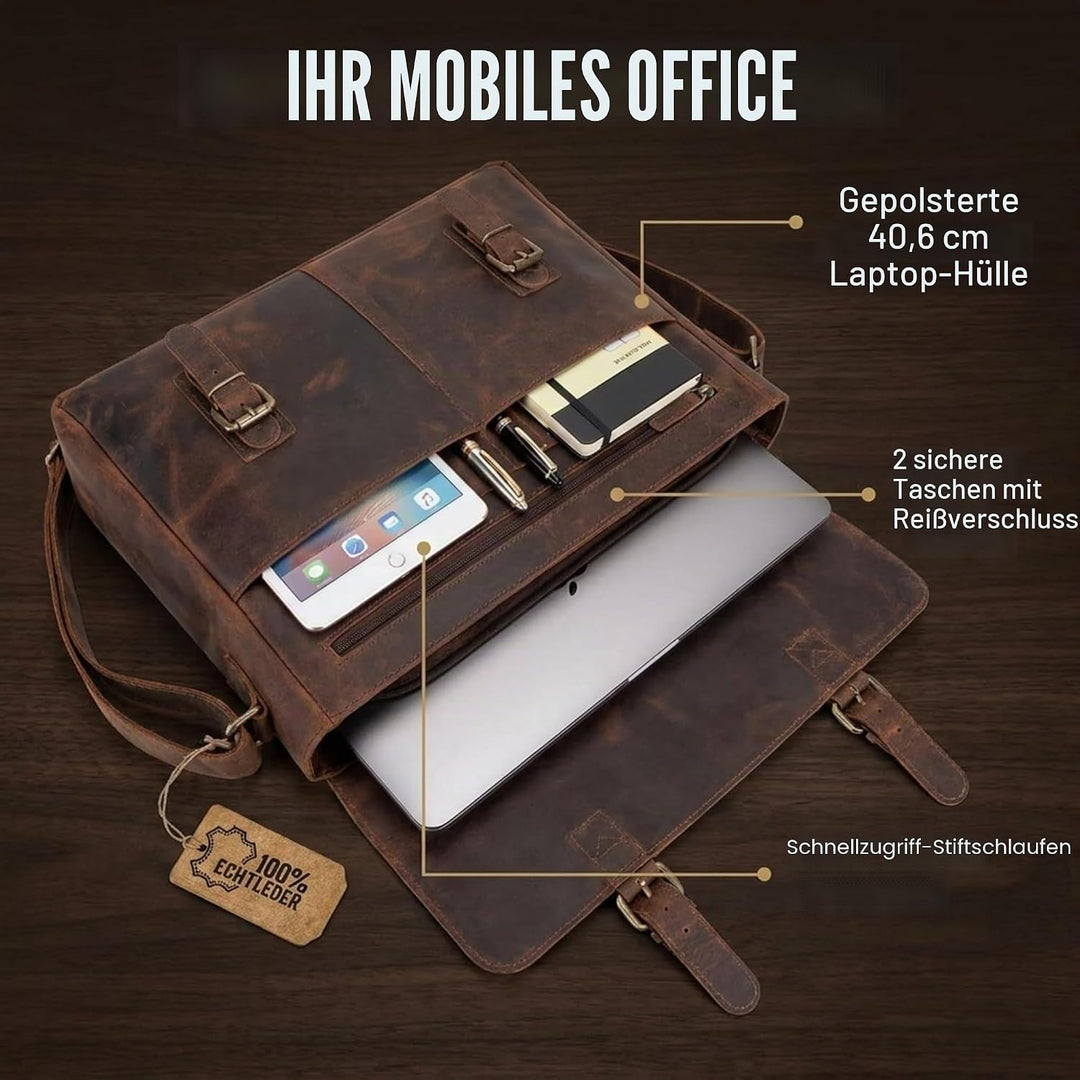 moonster Aktentasche Herren Leder - Handgefertigte Laptoptasche 16 Zoll aus Büffelleder, Messenger B