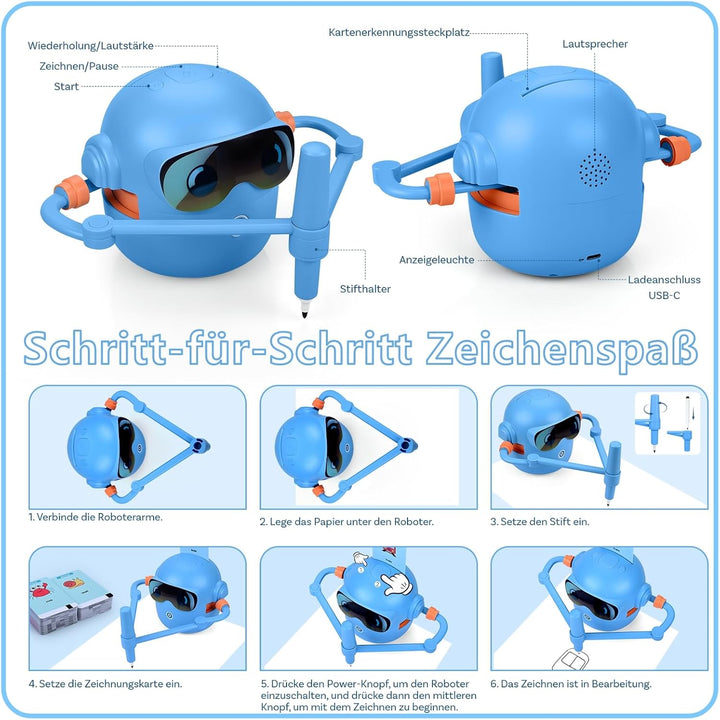MMOBIEL Zeichenroboter für Kinder Interaktives Lernspielzeug mit 100 Zeichenkarten, Sprachanleitung,