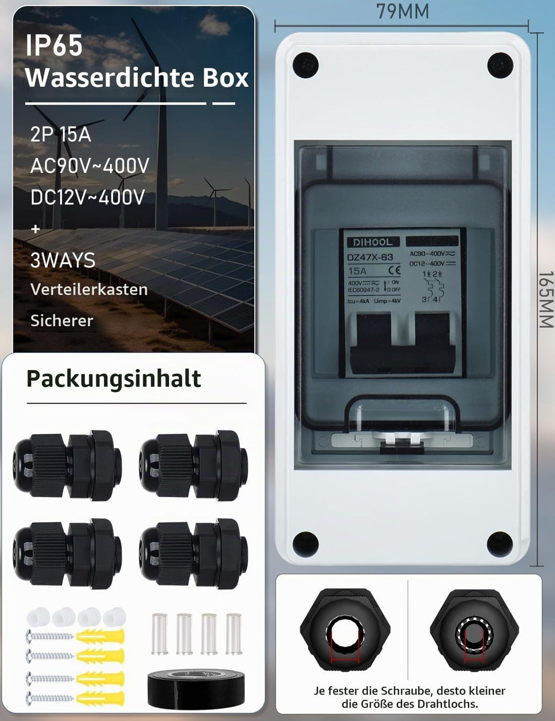 DIHOOL PV sicherungsautomat, PV Anlage DC Trennschalter IP65 Leistungsschalter Solaranlage, 500V, 10