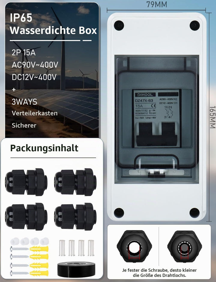 DIHOOL PV sicherungsautomat, PV Anlage DC Trennschalter IP65 Leistungsschalter Solaranlage, 500V, 10