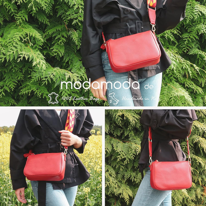 modamoda de - T230 - ital. Umhängetasche Klein Small aus Leder Blattgrün, Blattgrün