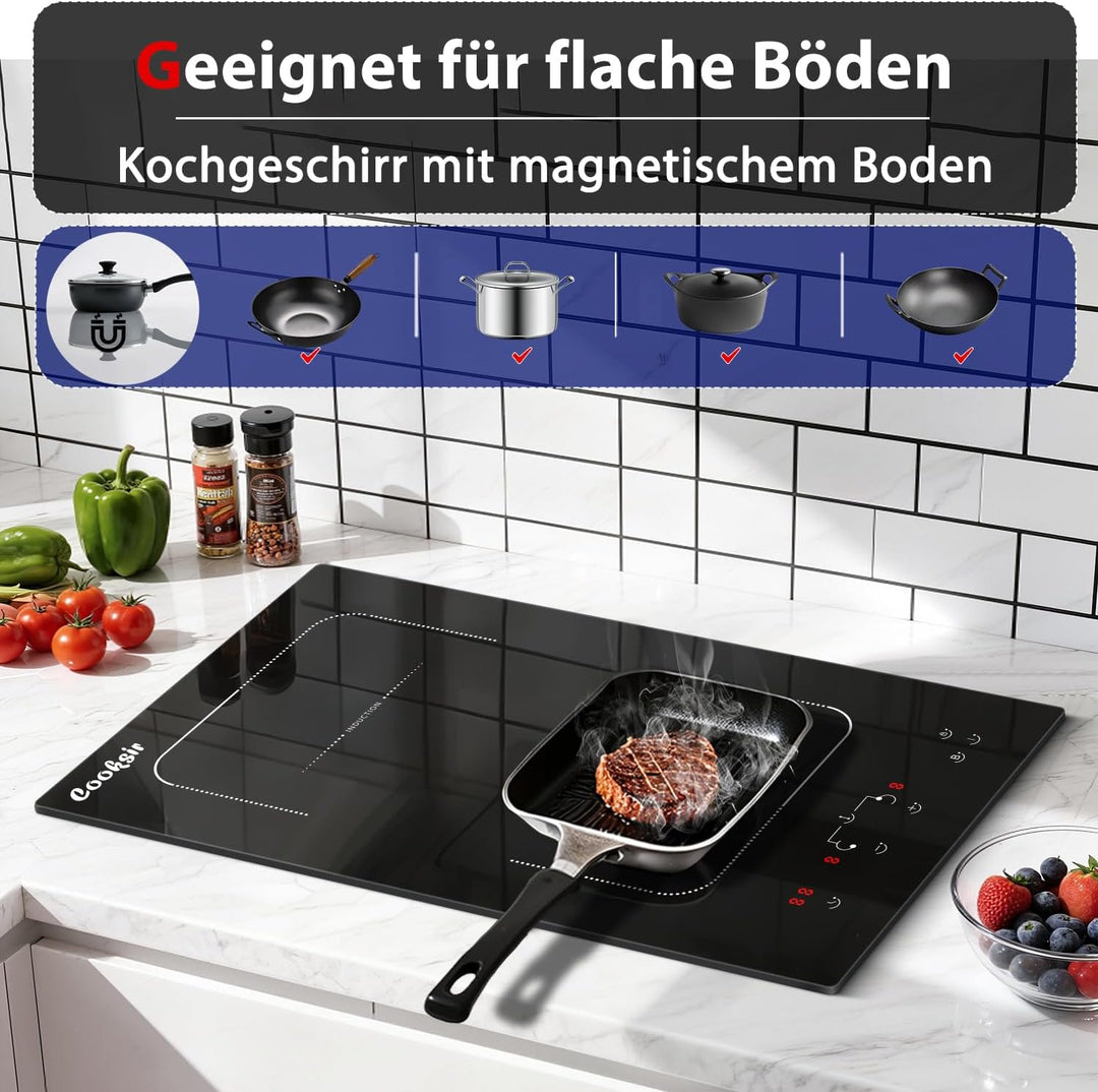 Induktionskochfeld 2 Zonen mit Stecker, Cooksir Kochfeld Induktion Doppel Autark, 3500W, Sensor-Touc