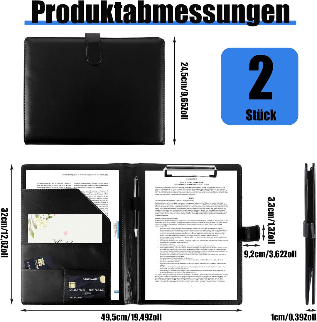 2 Stück Schreibbrett Klemmbrett A4 mit Deckel, 32x24.5cm Business Mappe, Schreibmappe A4 Leder, Schw